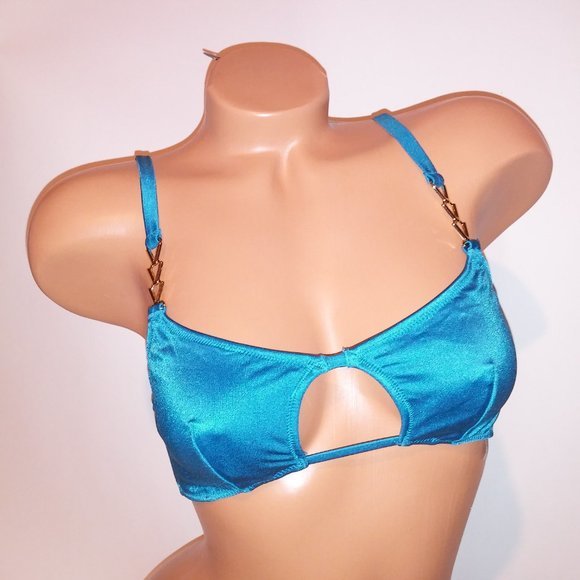 Victoria Secret Swim Bikini Top l Blue Solid Shimmer Cutout Gold Chain New - Picture 3 of 8